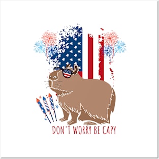 Dont Be Worry Be Capy USA Flag Patriotic Fourth Of July Posters and Art